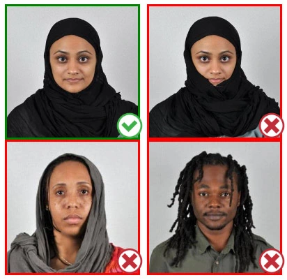 passport photo attire, hats and hair