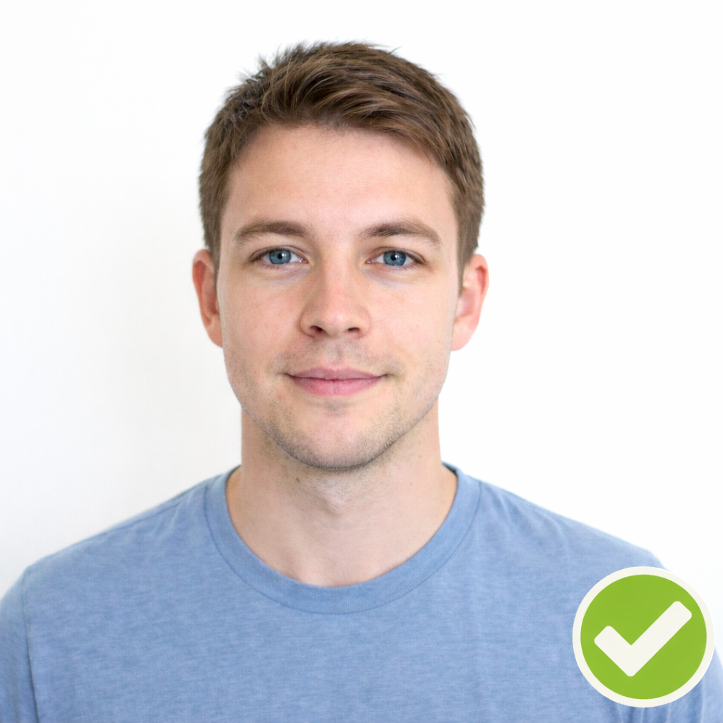 Correct Passport Photo Lighting Example with Even Illumination A properly lit passport-style portrait showing even facial lighting, natural skin tone, and a plain white background. The image includes a green checkmark in a circle to indicate correct passport photo lighting and compliance with official photo requirements.