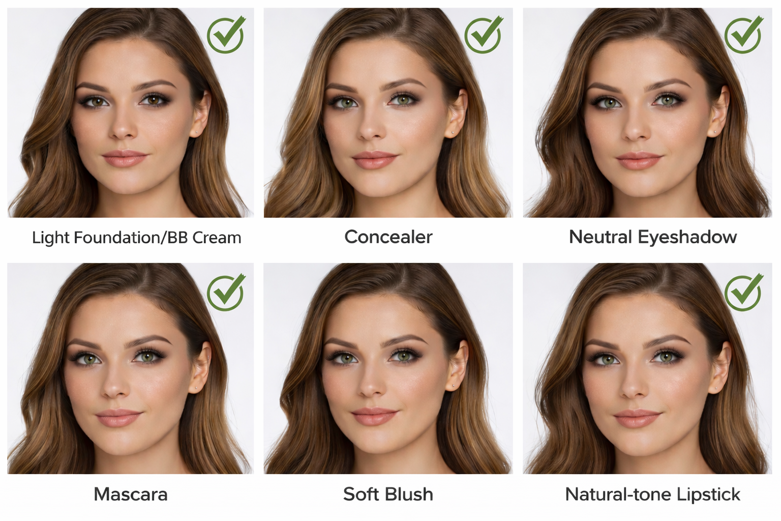 Approved Makeup for Passport Photos Makeup that is allowed in passport photos, including light foundation, concealer, neutral eyeshadow, mascara, soft blush, and natural-tone lipstick.