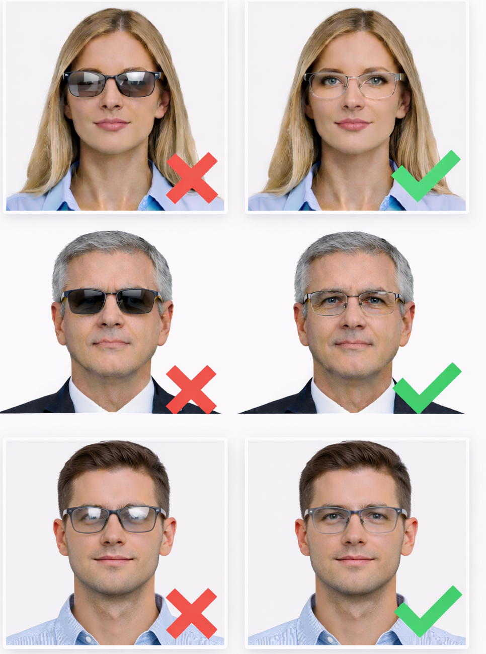 Glasses Not Allowed in Passport Photo Examples Comparison of correct and incorrect passport photos showing why eyeglasses are not allowed, including glare, tinted lenses, and unobstructed eye visibility requirements.