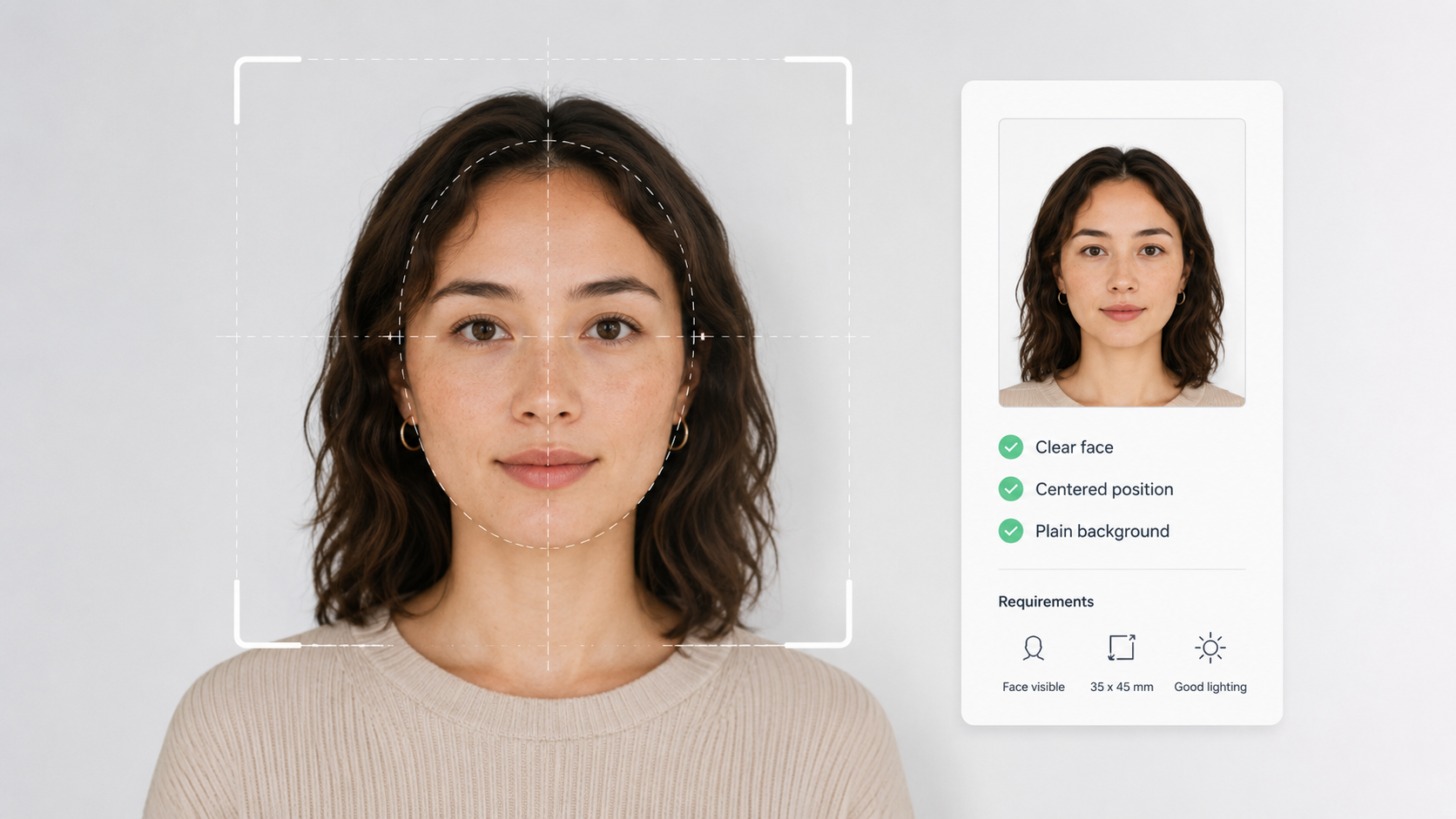 Biometric photo online with face position guide and photo requirements check A clean website hero image showing a front-facing biometric photo with a face-position guide, plain background, and requirement checklist for creating a passport, visa, or ID photo online.