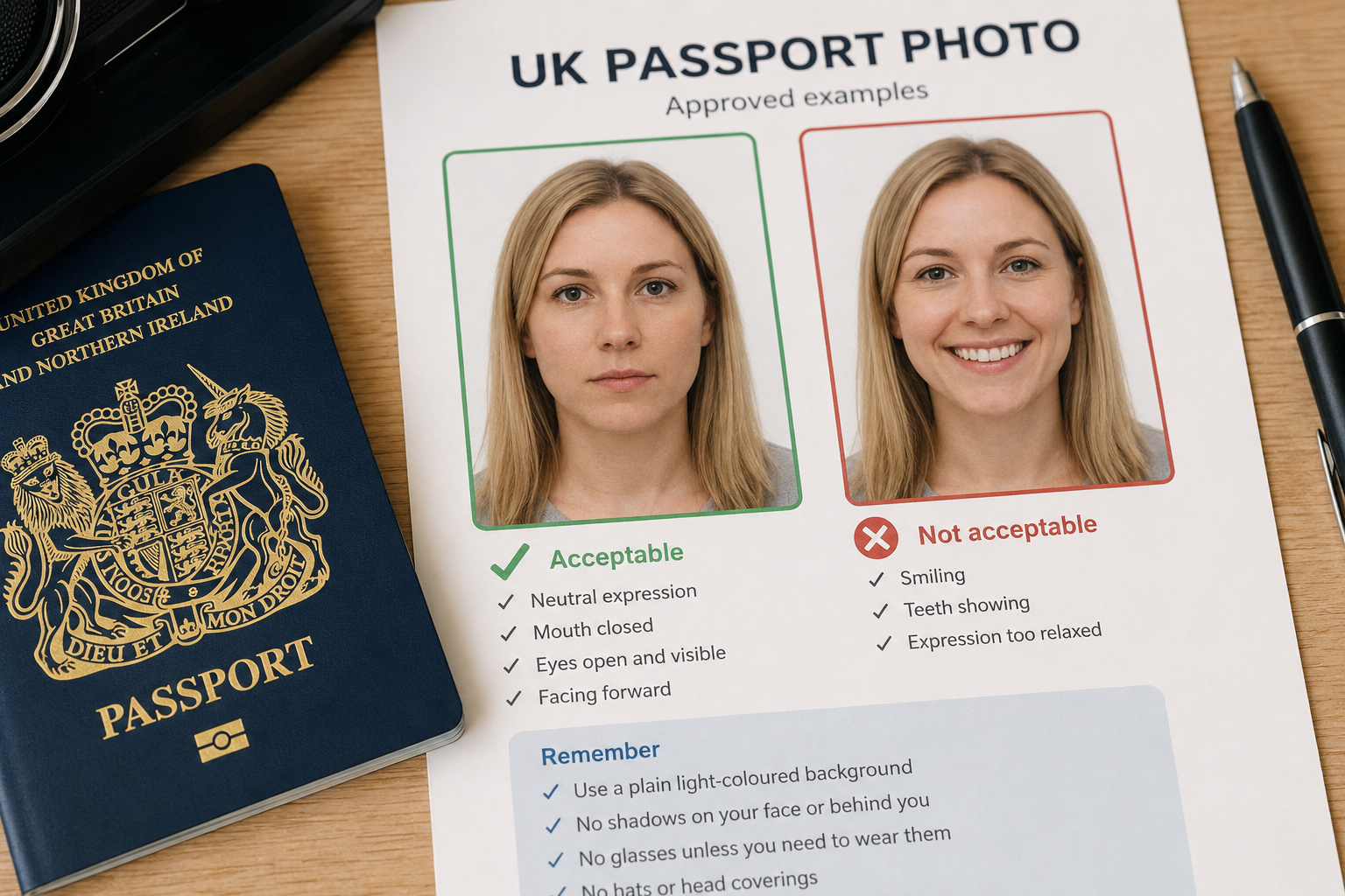 A UK passport photo guide placed beside a British passport, showing the difference between an acceptable neutral passport photo and an unacceptable smiling photo with teeth showing.