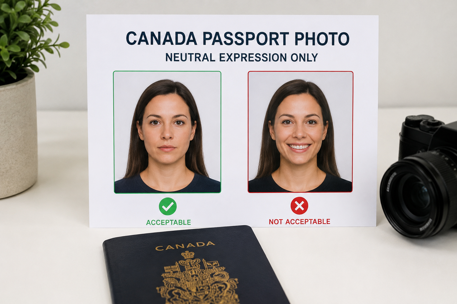 Canada Passport Photo Neutral Expression Guide Canada passport photo guide showing acceptable neutral expression and unacceptable smiling, frowning, and eyes-closed examples.