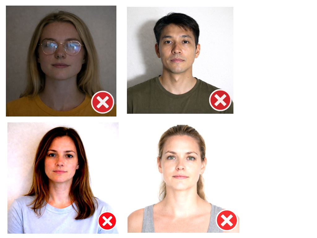 Example of Incorrect Passport Photo Lighting at Home example. Demonstrates common lighting mistakes to avoid when taking passport photos at home.