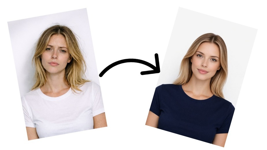 Before and after comparison of a passport photo showing correction of tilted angle, lighting to make you look good in passport photo requirements.