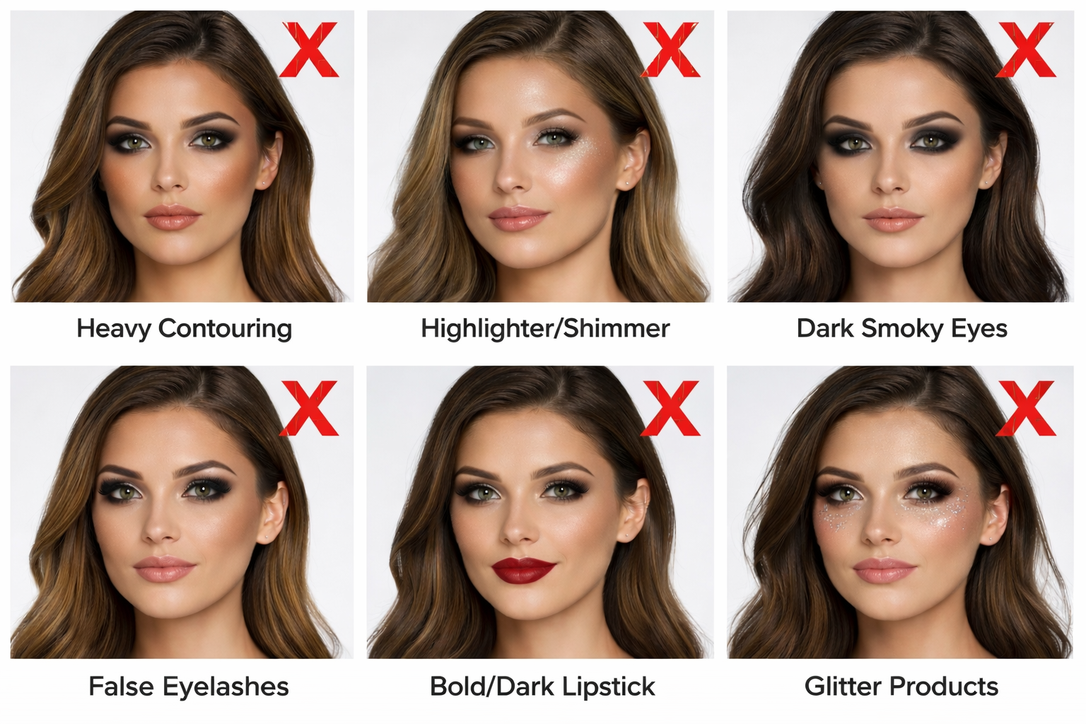 Makeup Not Allowed in Passport Photos – What to Avoid Makeup styles not allowed in passport photos showing heavy contouring, dark smoky eyes, bold lipstick, false lashes and glitter makeup.