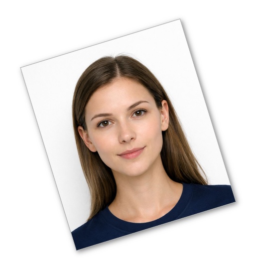 Example of a compliant U.S. passport photo showing a person with both ears visible, no earbuds or headphones, neutral expression, plain white background, and a navy shirt. Meets U.S. Department of State passport photo requirements.
