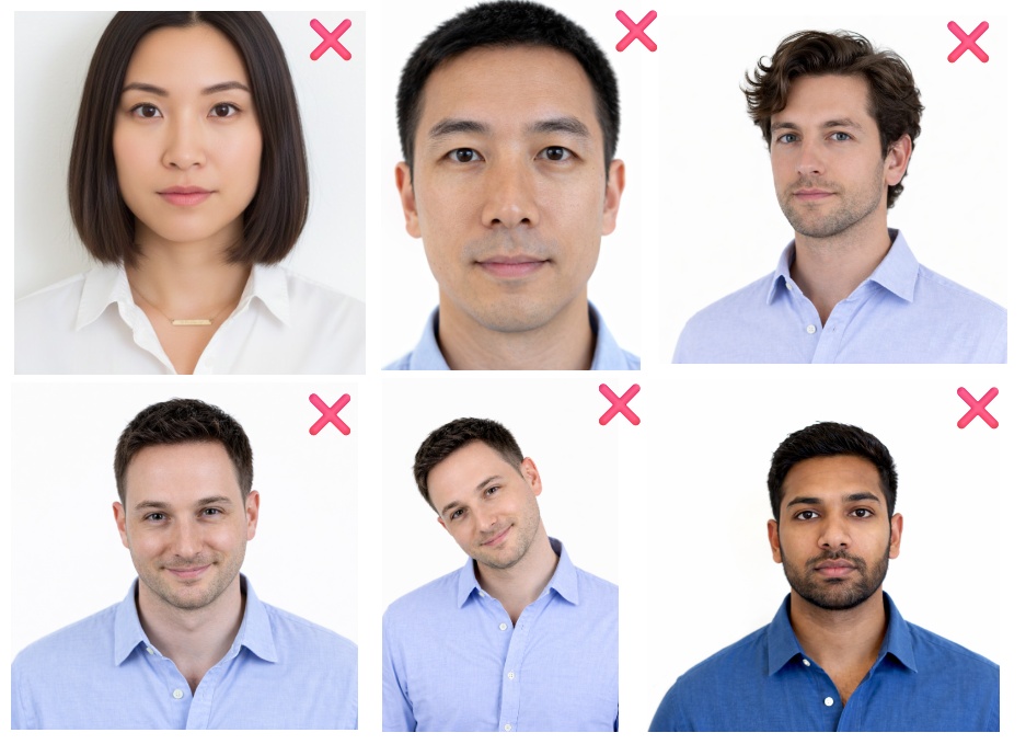 Passport Photo Example – Incorrect Head Tilt Position Image demonstrating an incorrect passport photo with head tilted, which may cause rejection