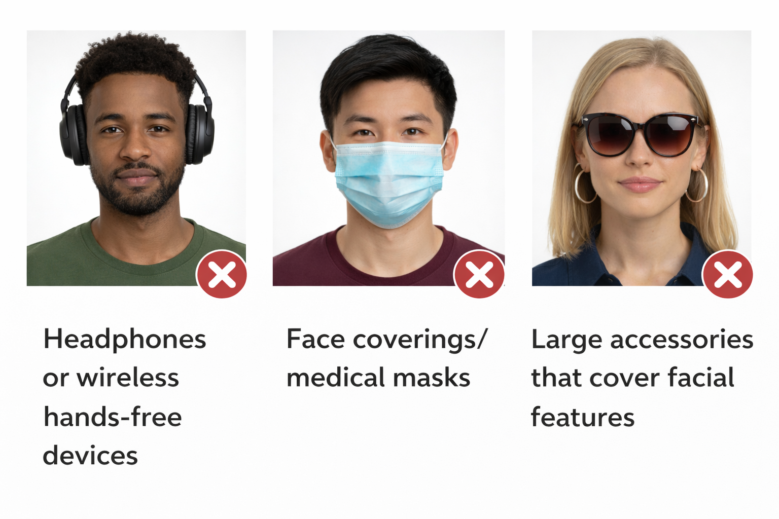 People wearing headphones, a medical face mask, and large sunglasses marked as not allowed for passport photos because they cover facial features Passport photo items not allowed – headphones, masks, sunglasses