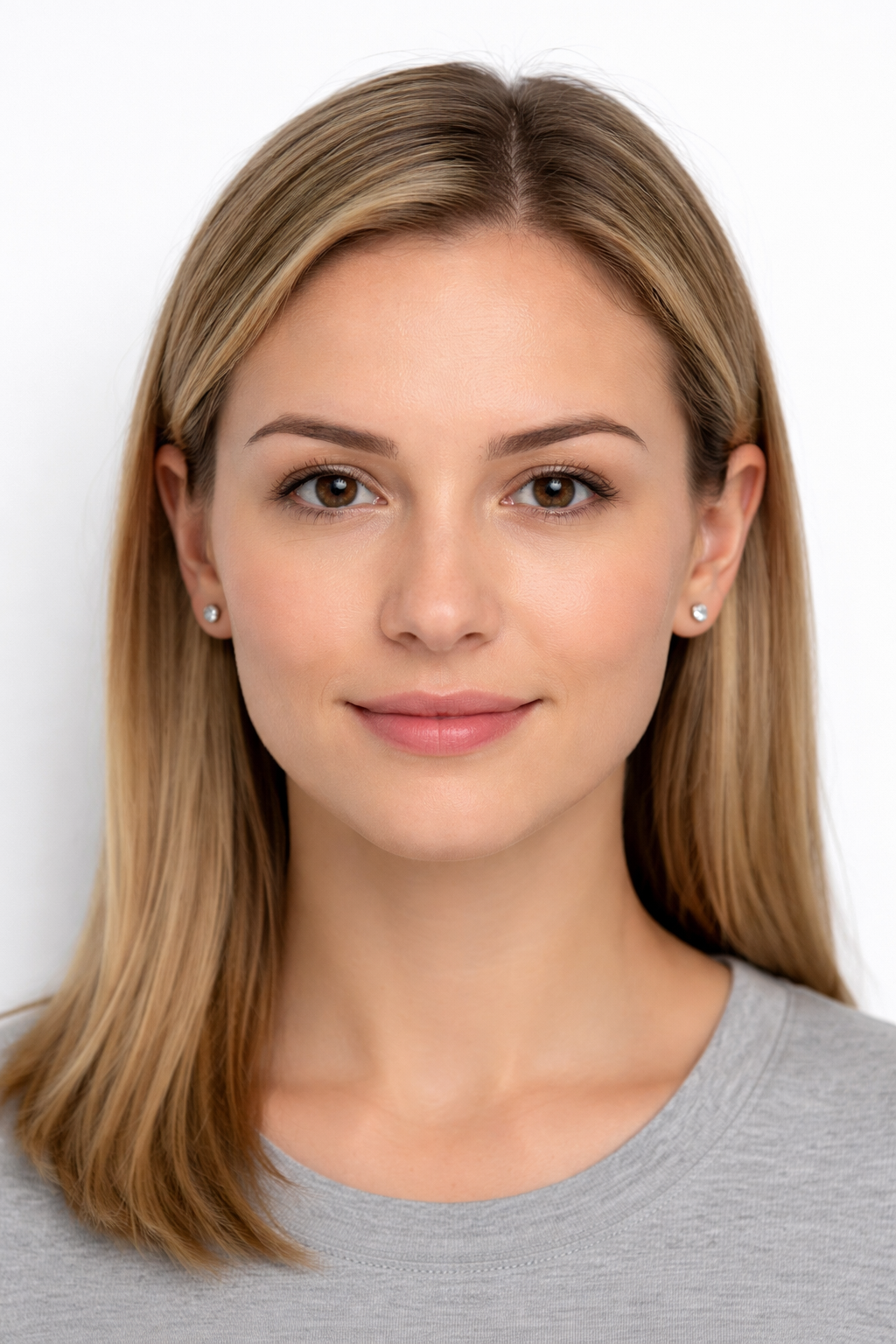 Example passport photo demonstrating acceptable small earrings that meet biometric identification standards.