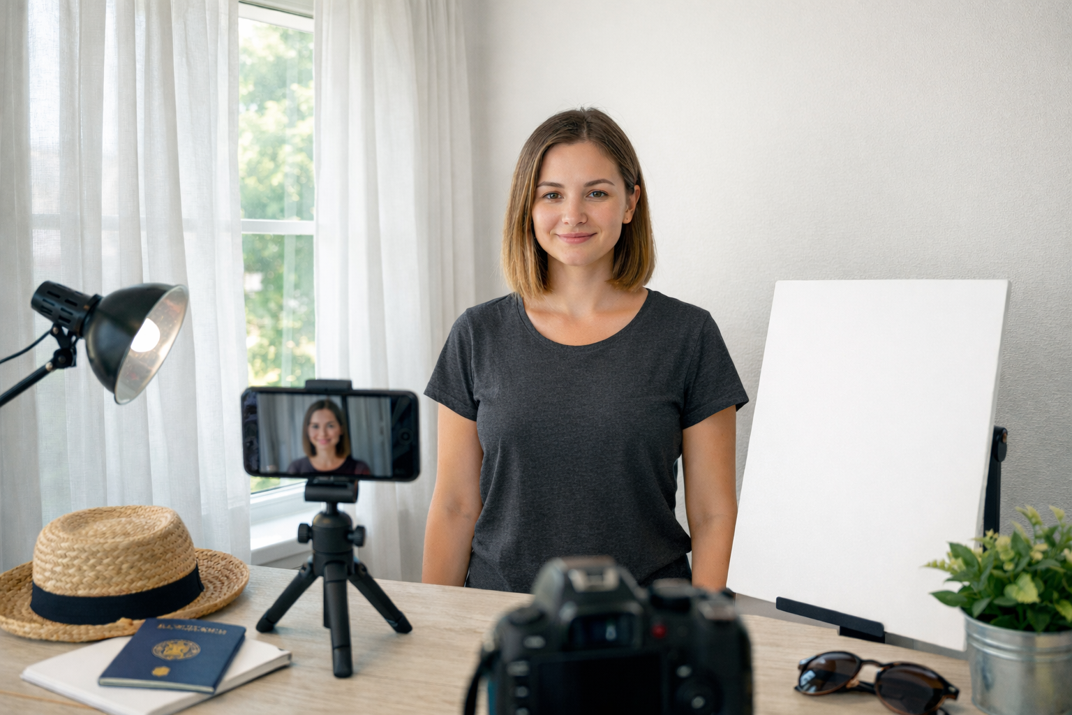 Passport Photo Lighting Setup at Home Using Natural Window Light Woman taking a passport photo at home using natural window light, white background, reflector board, and smartphone on tripod for correct passport photo lighting