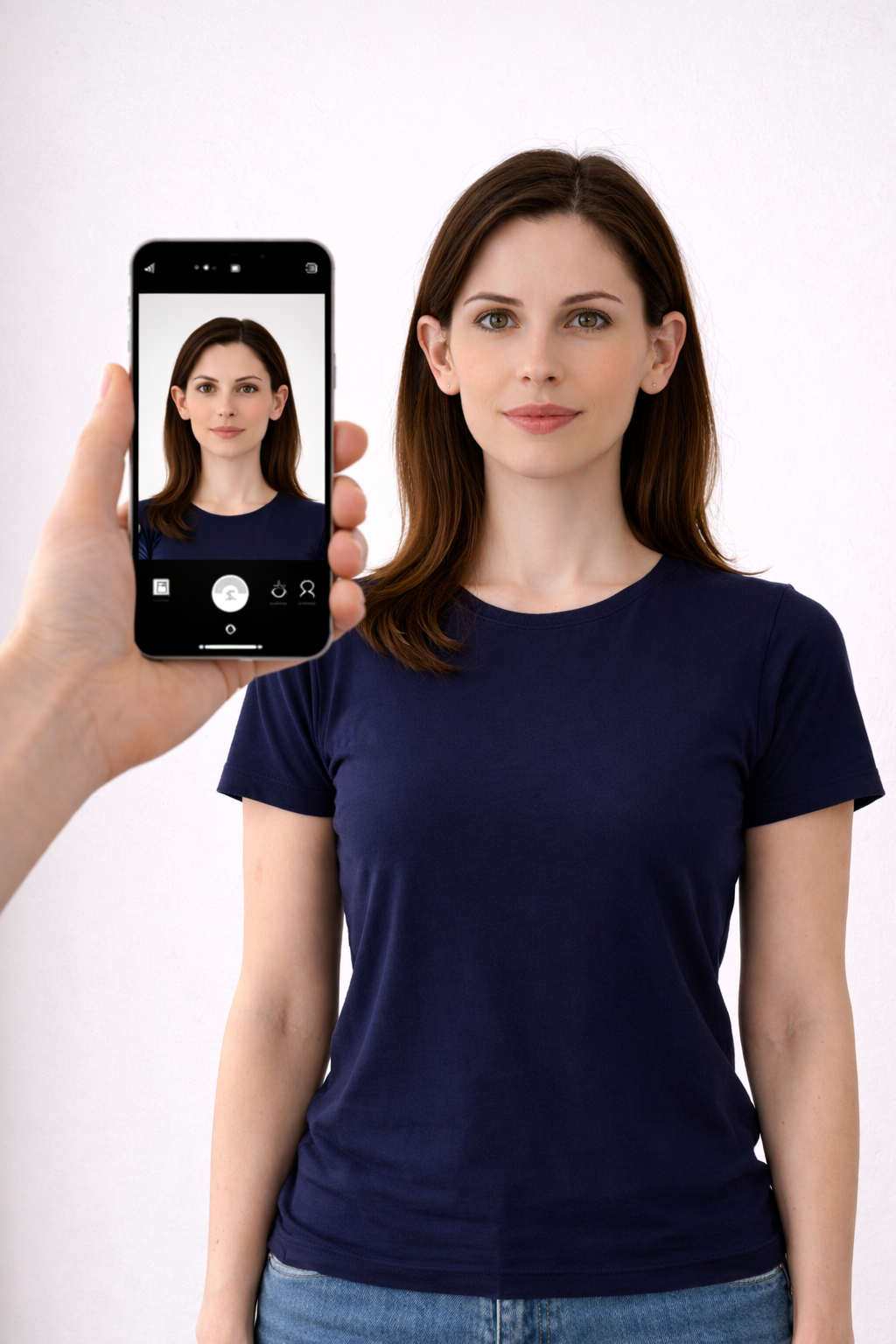 Person standing in front of a plain white wall taking a U.S. passport photo at home with an iPhone positioned at eye level, hair tucked behind both ears and neutral expression.