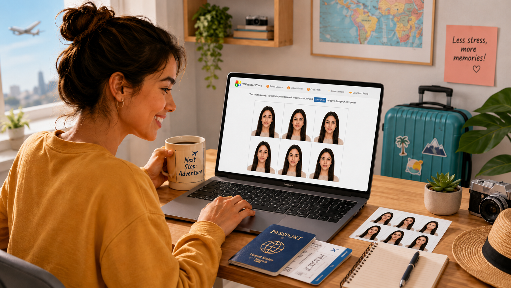 Passport Size Photo Maker Online for Easy Travel Photo Preparation A traveler creates passport-size photos online using 123PassportPhoto, with a laptop showing a six-photo passport photo sheet, printed passport photos, a passport, boarding pass, and suitcase on a travel-themed desk.