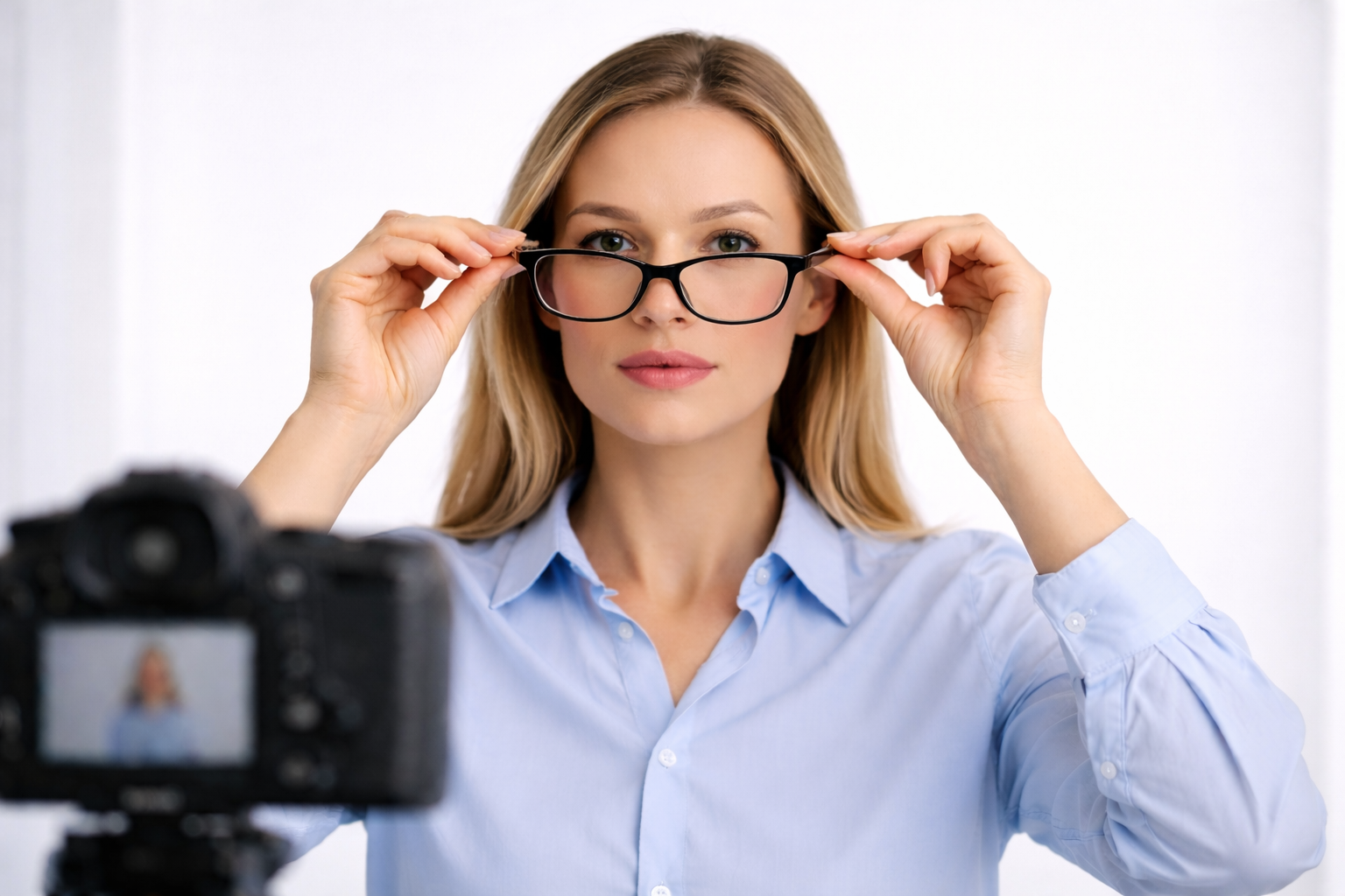 Person Removing Glasses for Passport Photo A person removing eyeglasses in front of a white background while preparing to take an official passport photo, following international passport photo requirements.