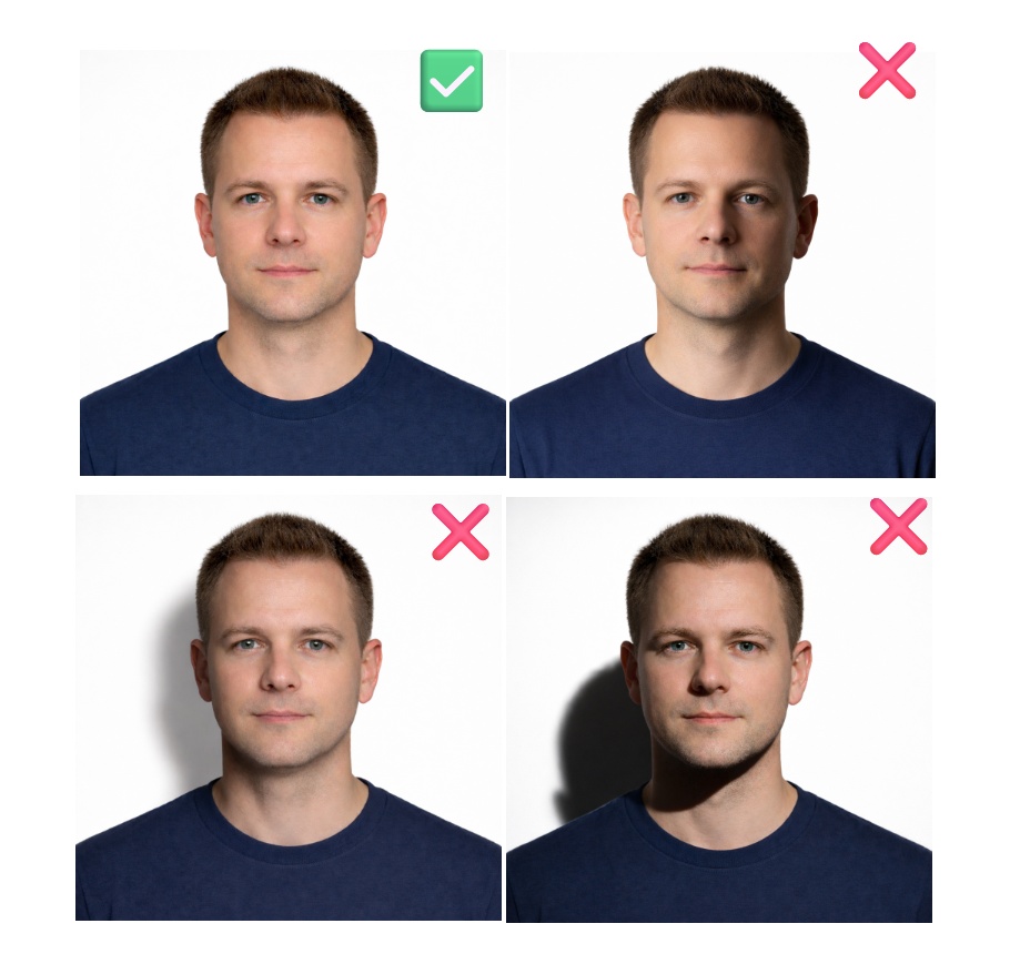 A photo showing common passport photo lighting mistakes, including facial shadows from side lighting, background halo shadows from standing too close to a wall, and chin shadows caused by overhead lights, with examples of proper lighting and correct positioning.