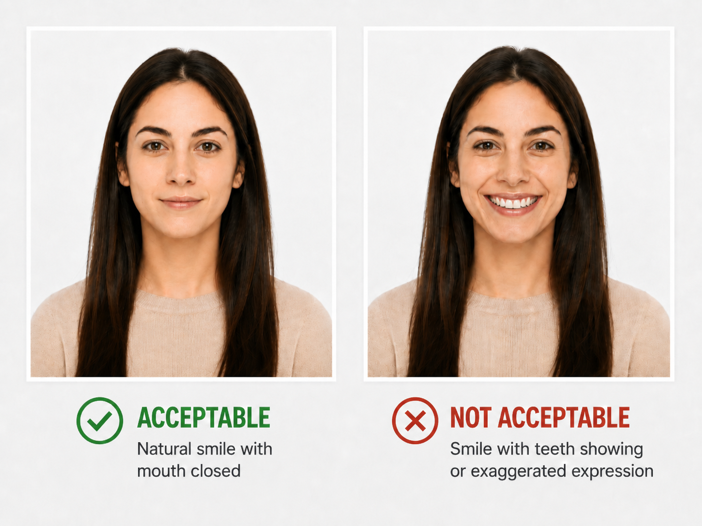 Infographic comparing acceptable and unacceptable smiles for a U.S. passport photo, showing a closed-mouth natural smile beside a wide toothy grin.