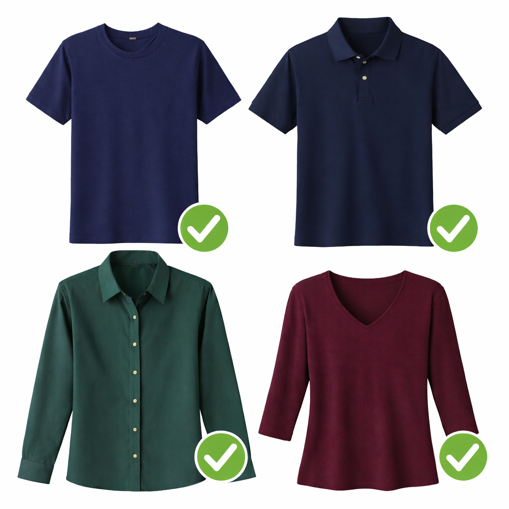 What to wear for passport photo – approved clothing examples Approved passport photo clothing examples showing solid-color navy t-shirt, dark polo shirt, button-down shirt, and long-sleeve V-neck top with no patterns or logos